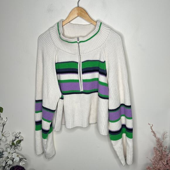 FREE PEOPLE Greta Stripe Half Zip Pullover Sweater Sugar Swirl Sz L $128 {3M32} - Picture 2 of 6
